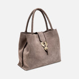 Boho Chic Medium Taupe Tote Bag featuring soft structure and hand-stitched goldwork embroidery.