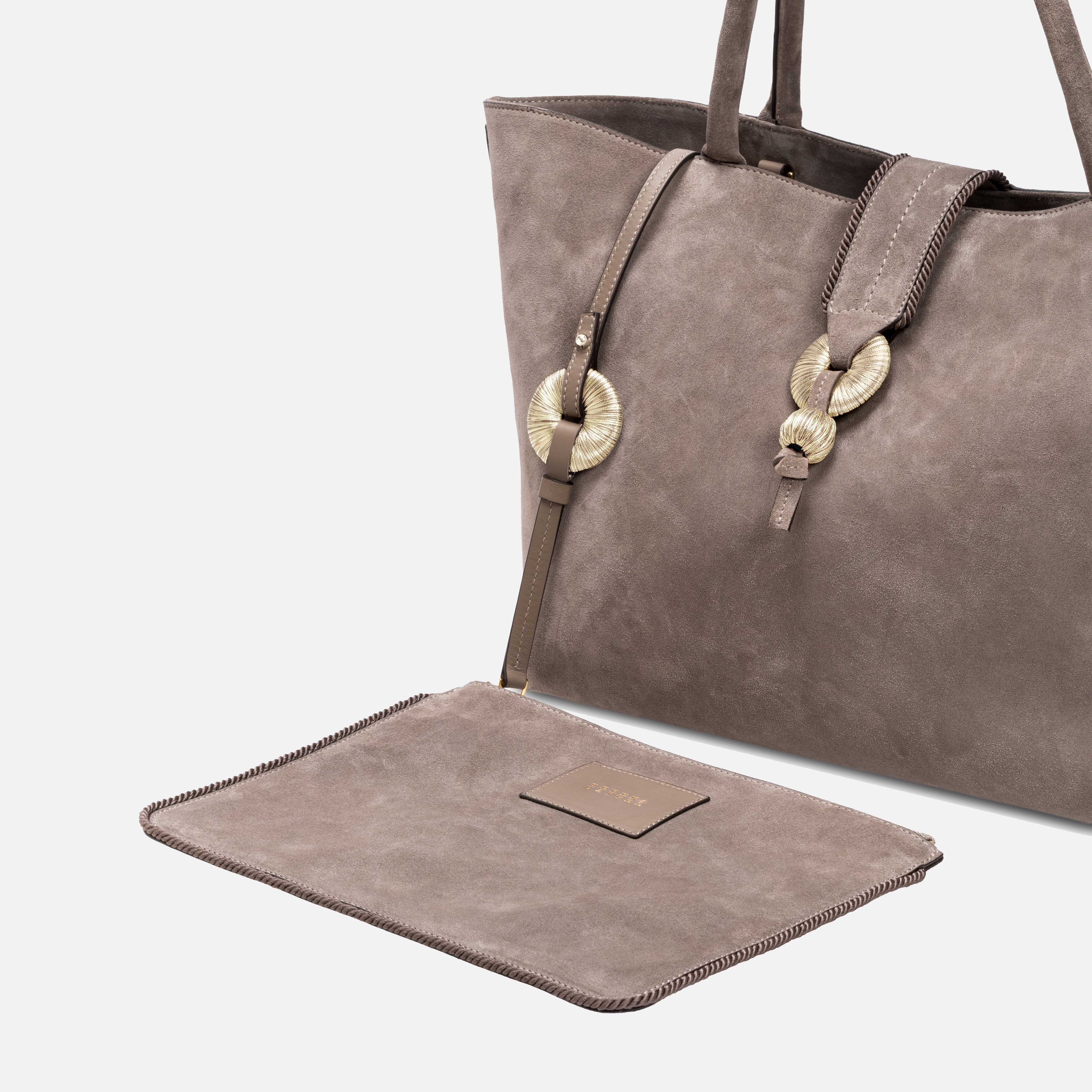 Boho Chic Medium Taupe Tote Bag featuring hand-stitched goldwork embroidery and expandable sides.