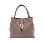 Boho Chic Medium Taupe Tote Bag featuring hand-stitched goldwork embroidery and expandable sides.