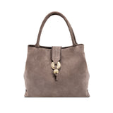 Boho Chic Medium Taupe Tote Bag featuring hand-stitched goldwork embroidery and expandable sides.