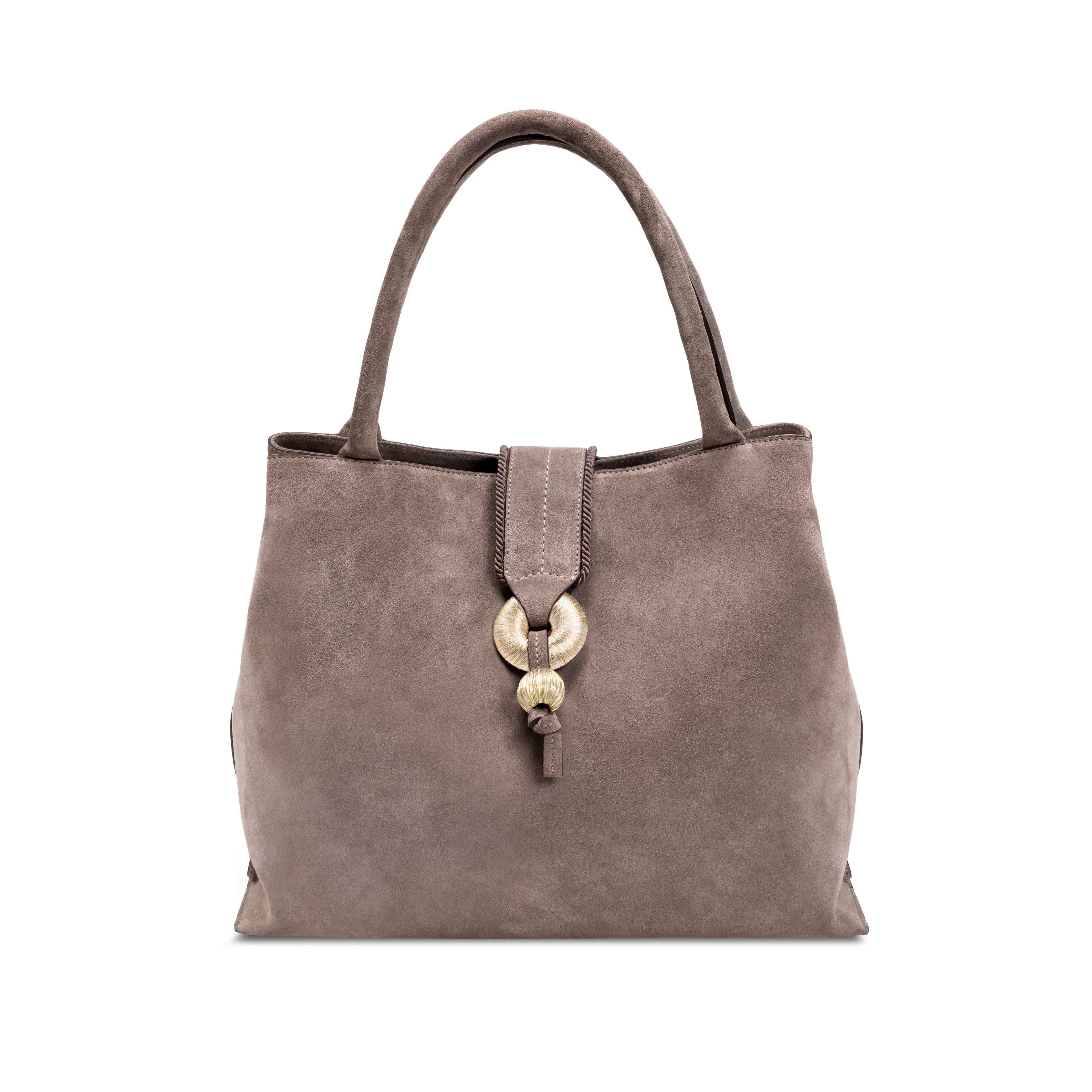 Boho Chic Medium Taupe Tote Bag featuring hand-stitched goldwork embroidery and expandable sides.