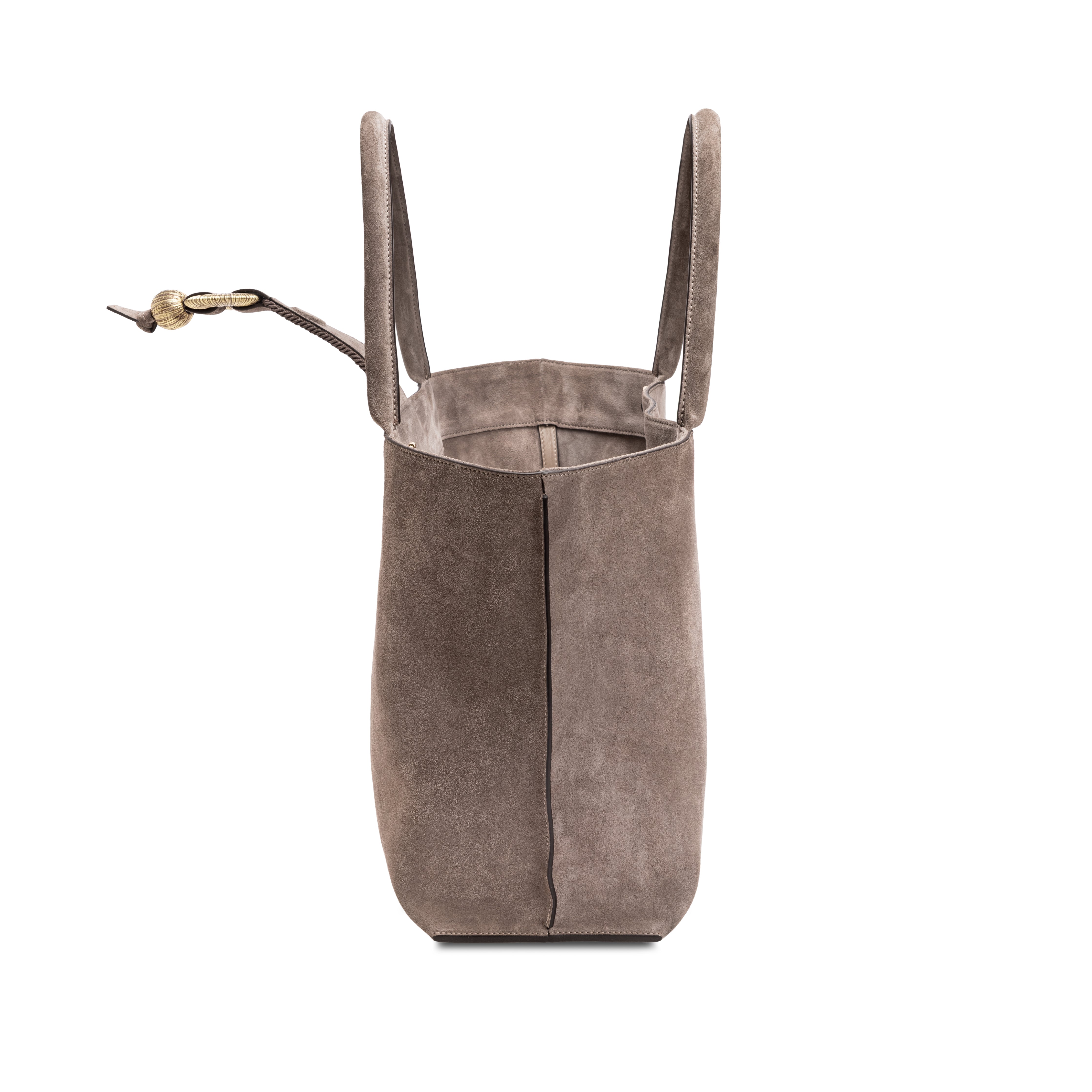 Boho Chic Medium Taupe Tote Bag showcasing a soft structure with hand-stitched goldwork embroidery.