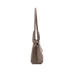 Profile view of the Boho Chic Medium Taupe Tote Bag showcasing its sleek design and hand-stitched goldwork embroidery.