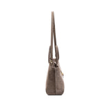 Profile view of the Boho Chic Medium Taupe Tote Bag showcasing its sleek design and hand-stitched goldwork embroidery.