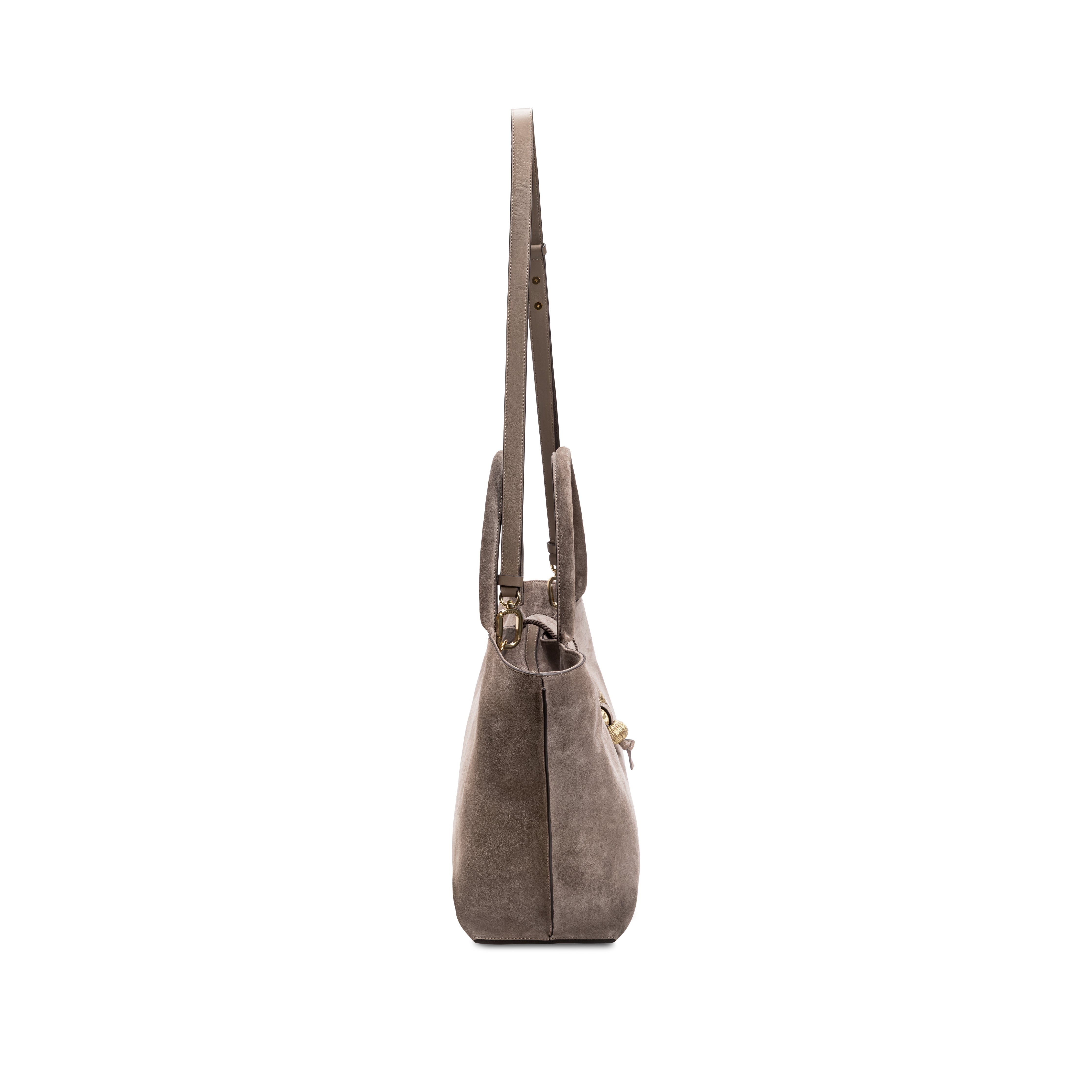Profile view of the Boho Chic Medium Taupe Tote Bag showcasing its sleek design and hand-stitched goldwork embroidery.
