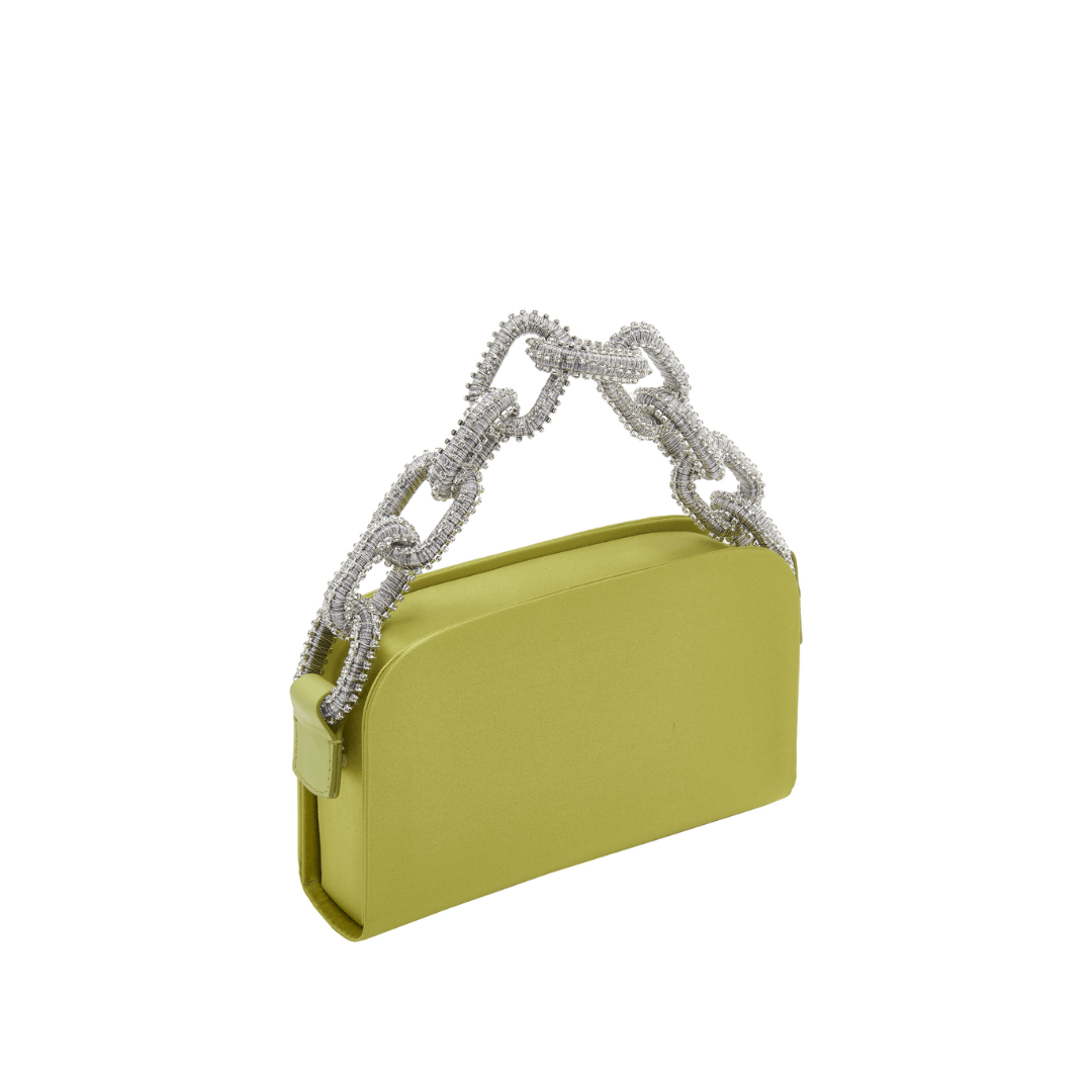 Catena Acid Green Two-Sided Bag with silver chain handle, crafted in luxurious silk satin for sophisticated style.