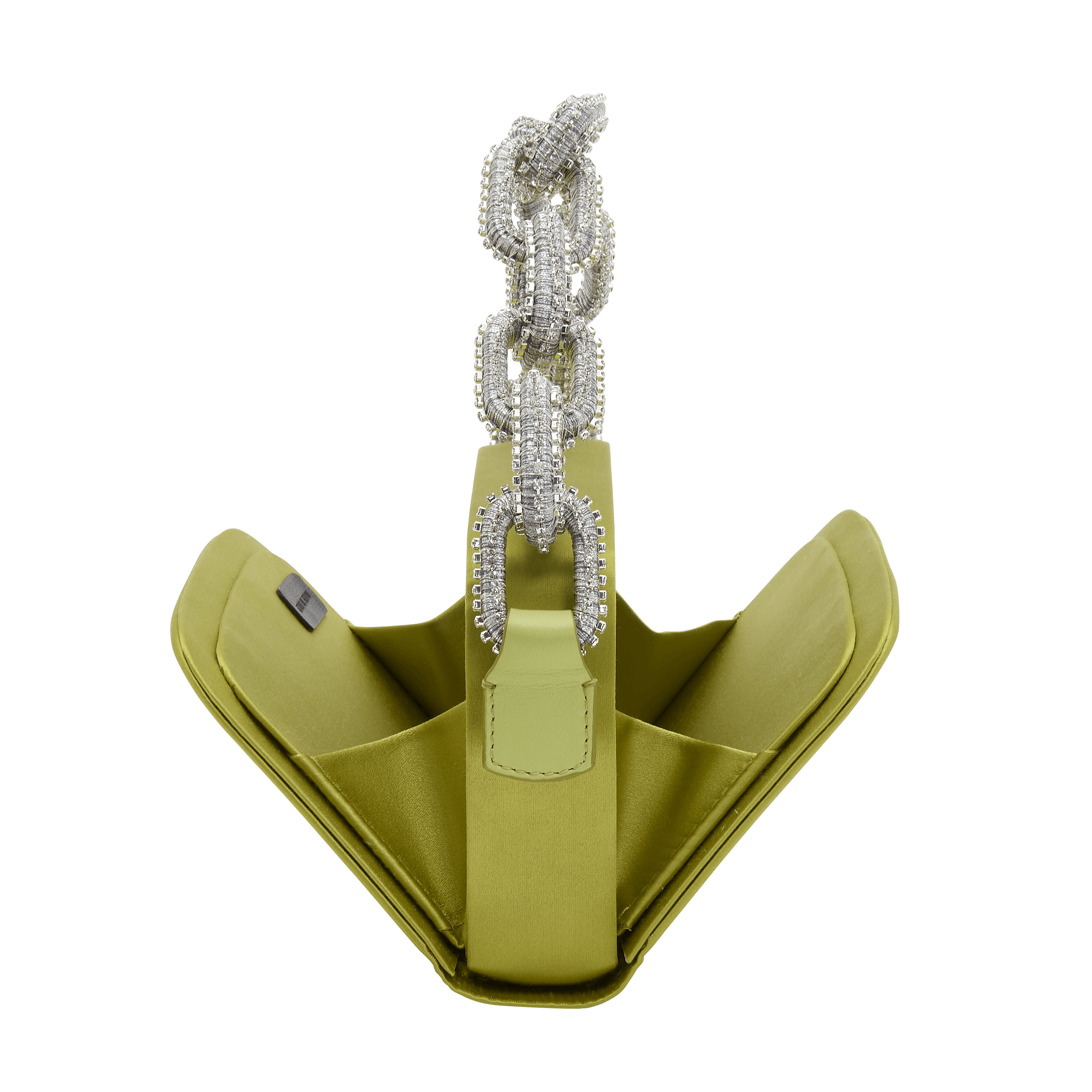 Catena Acid Green Two-Sided Bag with metallic chain-link handle, handcrafted in luxurious silk satin.