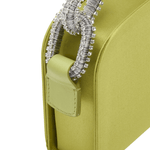 Close-up of Catena Acid Green & Glam Two-Sided Bag showcasing luxurious silk satin and metallic chain-link handle.