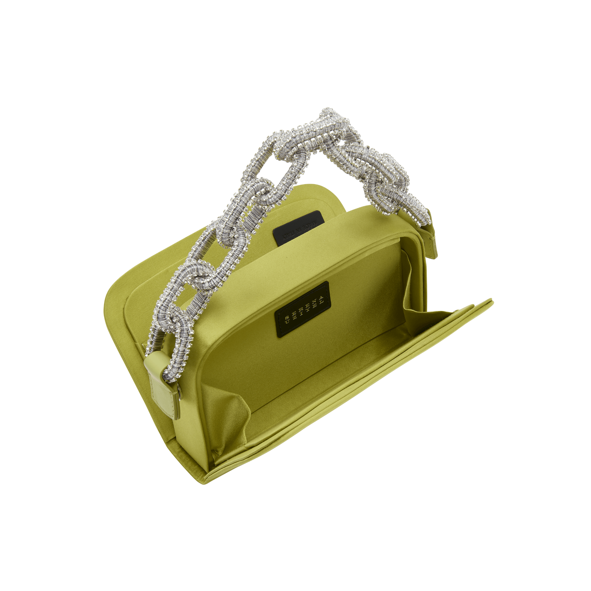 Catena Acid Green & Glam Two-Sided Bag in silk satin with embroidered chain-link handle and dual compartments.