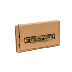 Stylish beige clutch bag featuring an antique gold chain accent, perfect for trendy outings and elegant occasions.