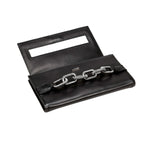 Catena Antique Silver Chain black clutch purse with a sleek design and decorative silver chain detail.