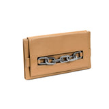 Elegant beige clutch bag adorned with an antique silver chain detail, perfect for stylish outings.