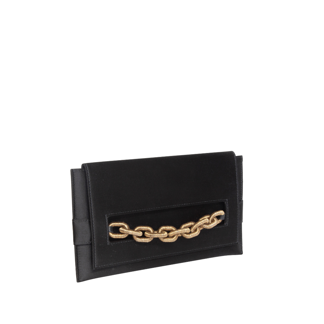 Catena Black Envelope Clutch, handcrafted silk satin with antique gold chain embroidery, elegant night accessory.