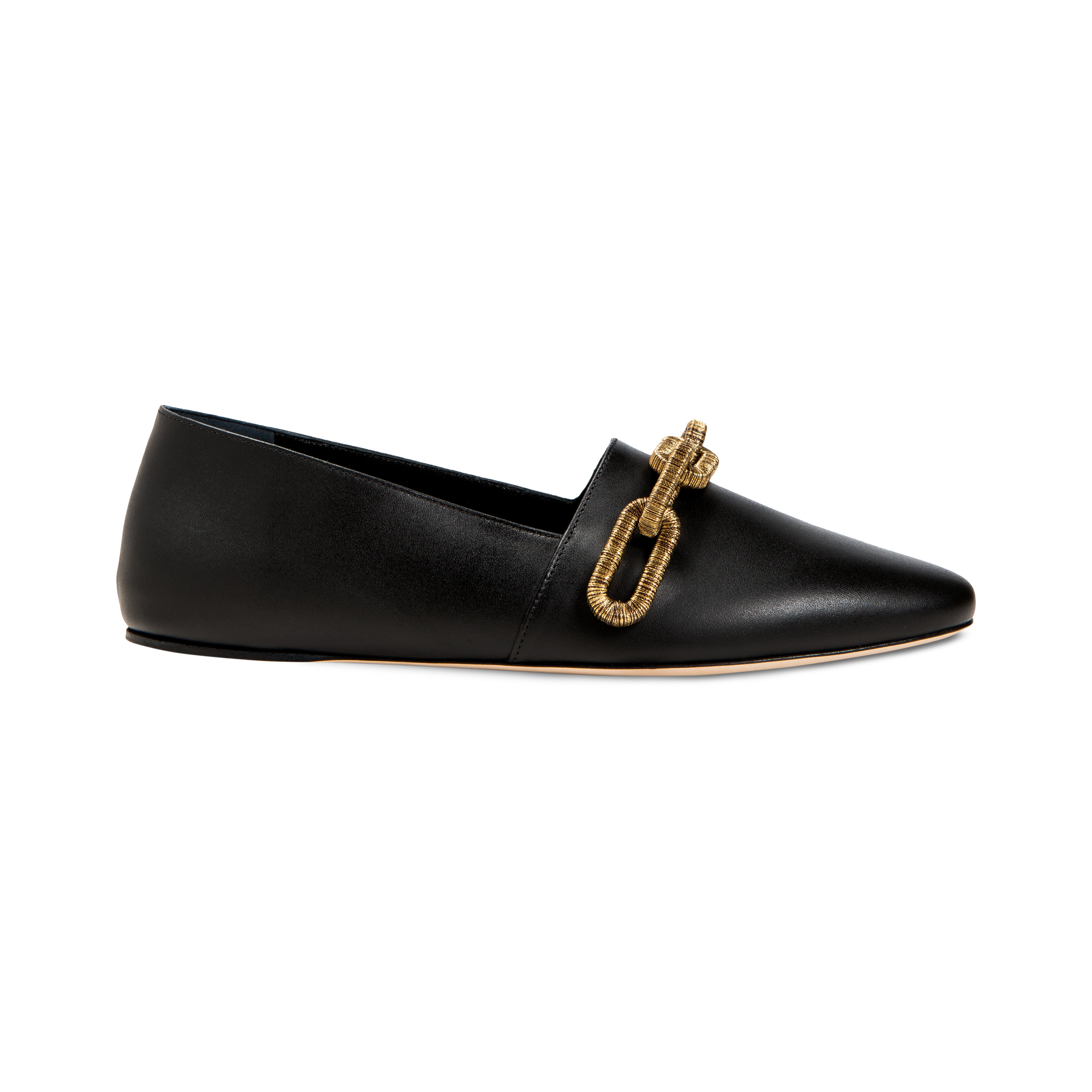 Catena black flat loafer with a stylish gold chain detail, perfect for everyday comfort and sophistication.