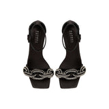 Catena Black & Glam High-Heel Ankle Sandal with crystal-wrapped chain embroidery and 90mm heel.
