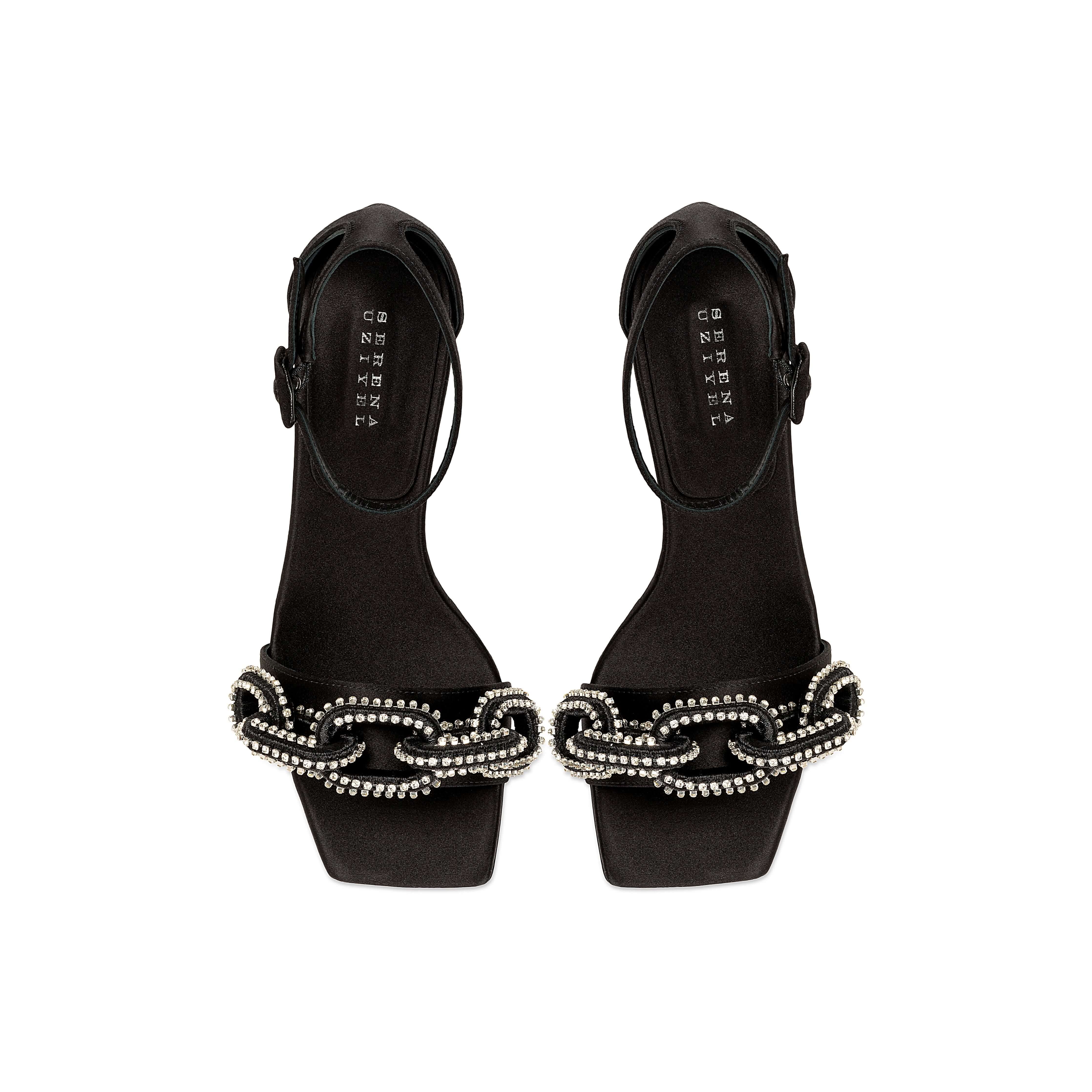Catena Black & Glam High-Heel Ankle Sandal with crystal-wrapped chain embroidery and 90mm heel.