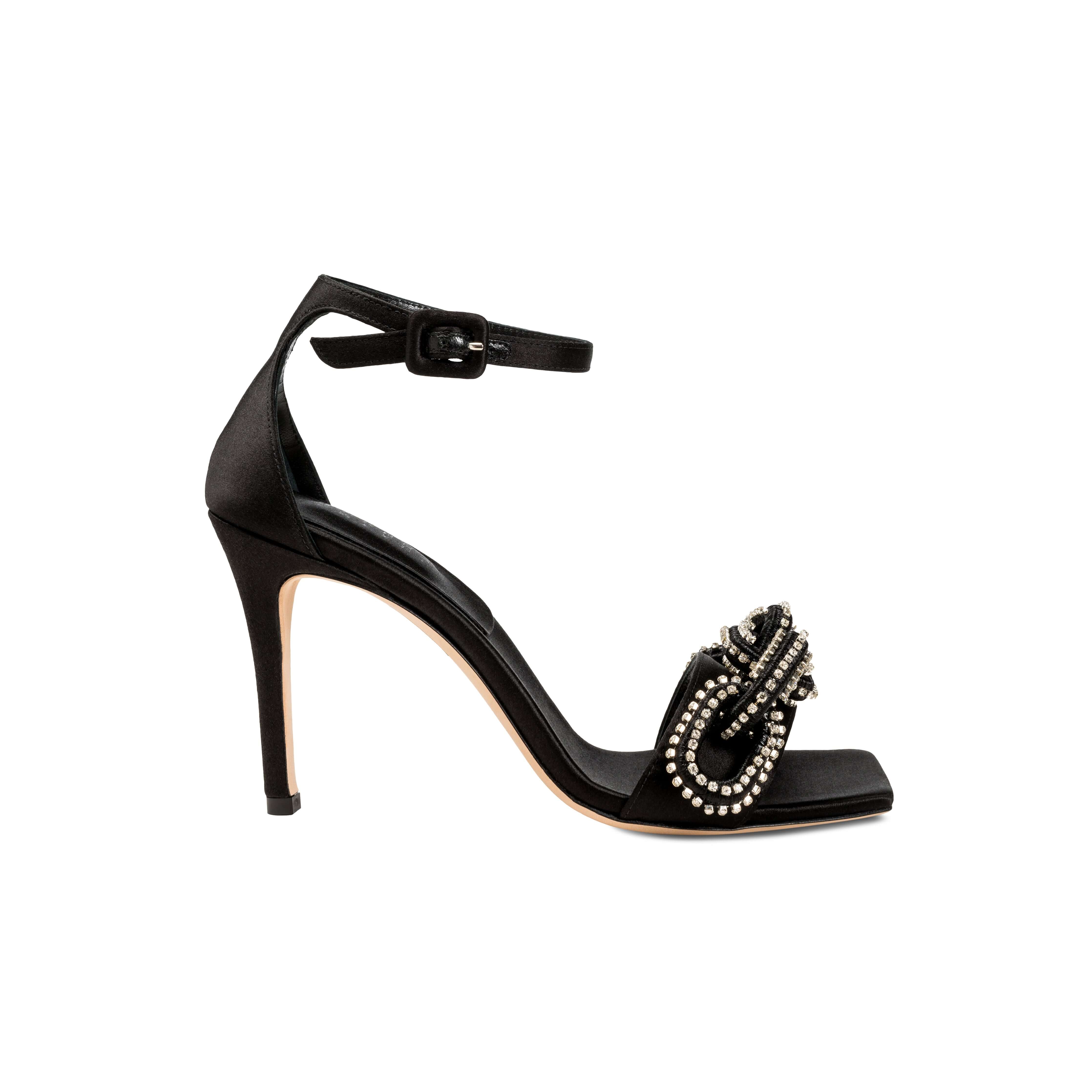 Catena Black & Glam High-Heel Ankle Sandal featuring satin finish and crystal-wrapped embellishments for an elegant look.