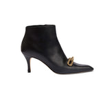 Catena Black High-Heel Ankle Boot in smooth leather with gold chain link buckle, ideal for stylish outfits.