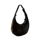 Catena Black Hobo Bag in soft suede with gold chain detail and adjustable strap, a modern twist on classic 1960s style.