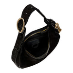 Catena Black Hobo Bag showcasing an elegant black suede interior and gold hardware details.
