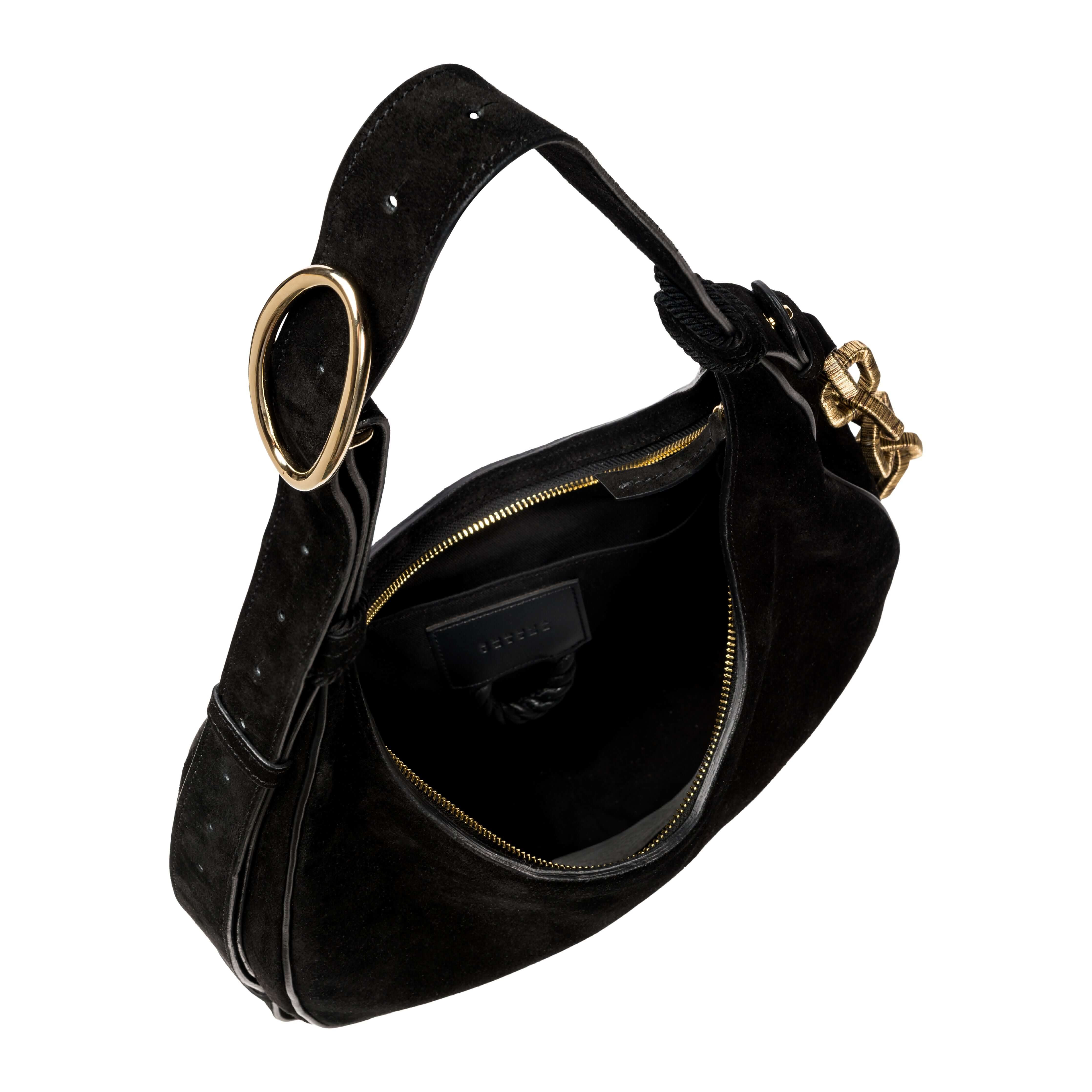 Catena Black Hobo Bag showcasing an elegant black suede interior and gold hardware details.
