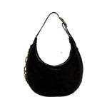 Catena Black Hobo Bag, a stylish suede bag with adjustable strap and signature chain detail, inspired by 1960s fashion.