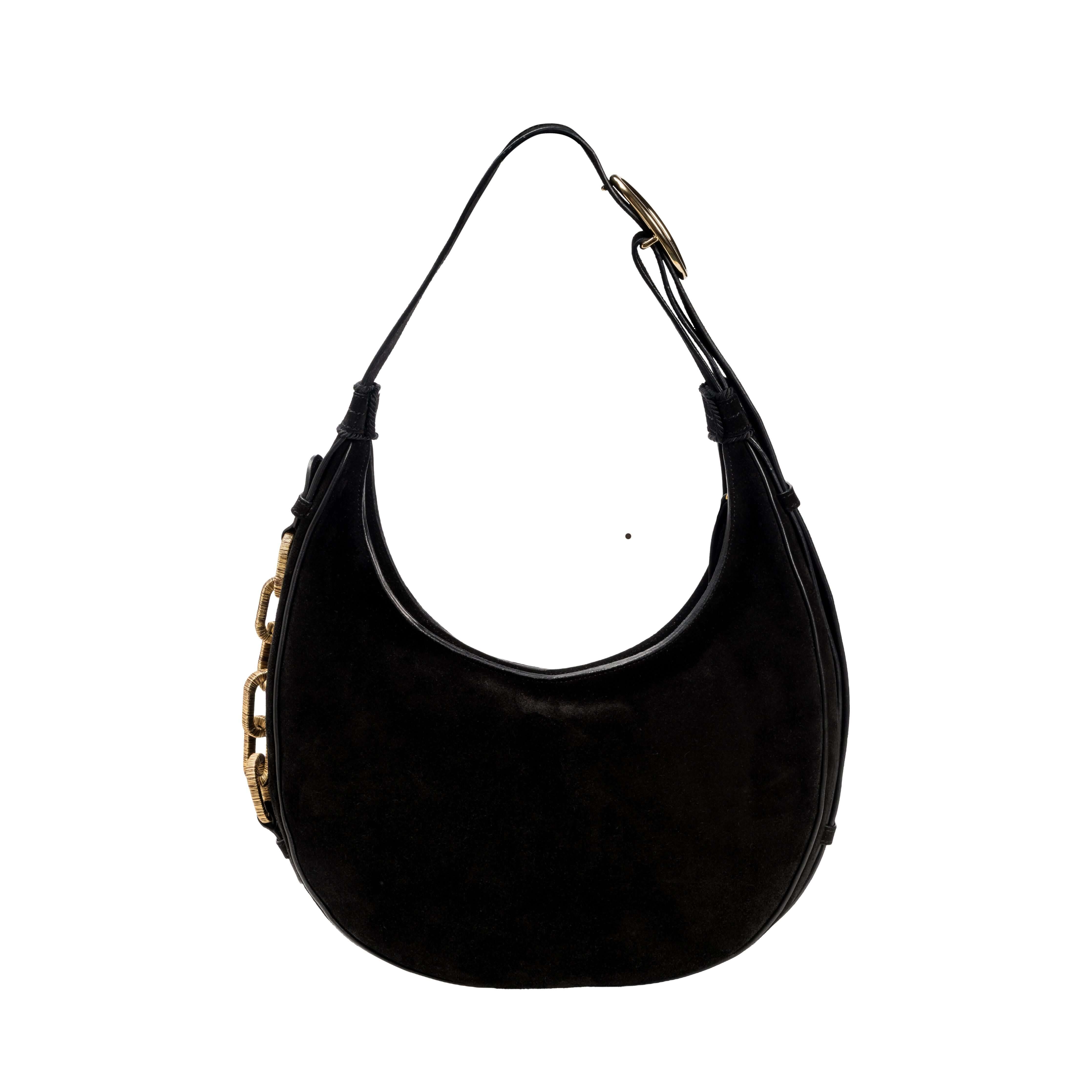 Catena Black Hobo Bag, a stylish suede bag with adjustable strap and signature chain detail, inspired by 1960s fashion.