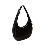 Catena Black Hobo Bag crafted from soft suede, featuring a slouchy silhouette and wide adjustable strap with buckle.