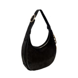 Catena Black Hobo Bag crafted from soft suede, featuring a slouchy silhouette and wide adjustable strap with buckle.