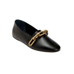 Catena black flat loafer with gold chain detail, perfect for stylish everyday wear and comfort.
