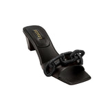 Catena Black Mid-Heel Sandal crafted from Italian leather with a chain link design across the toe strap.