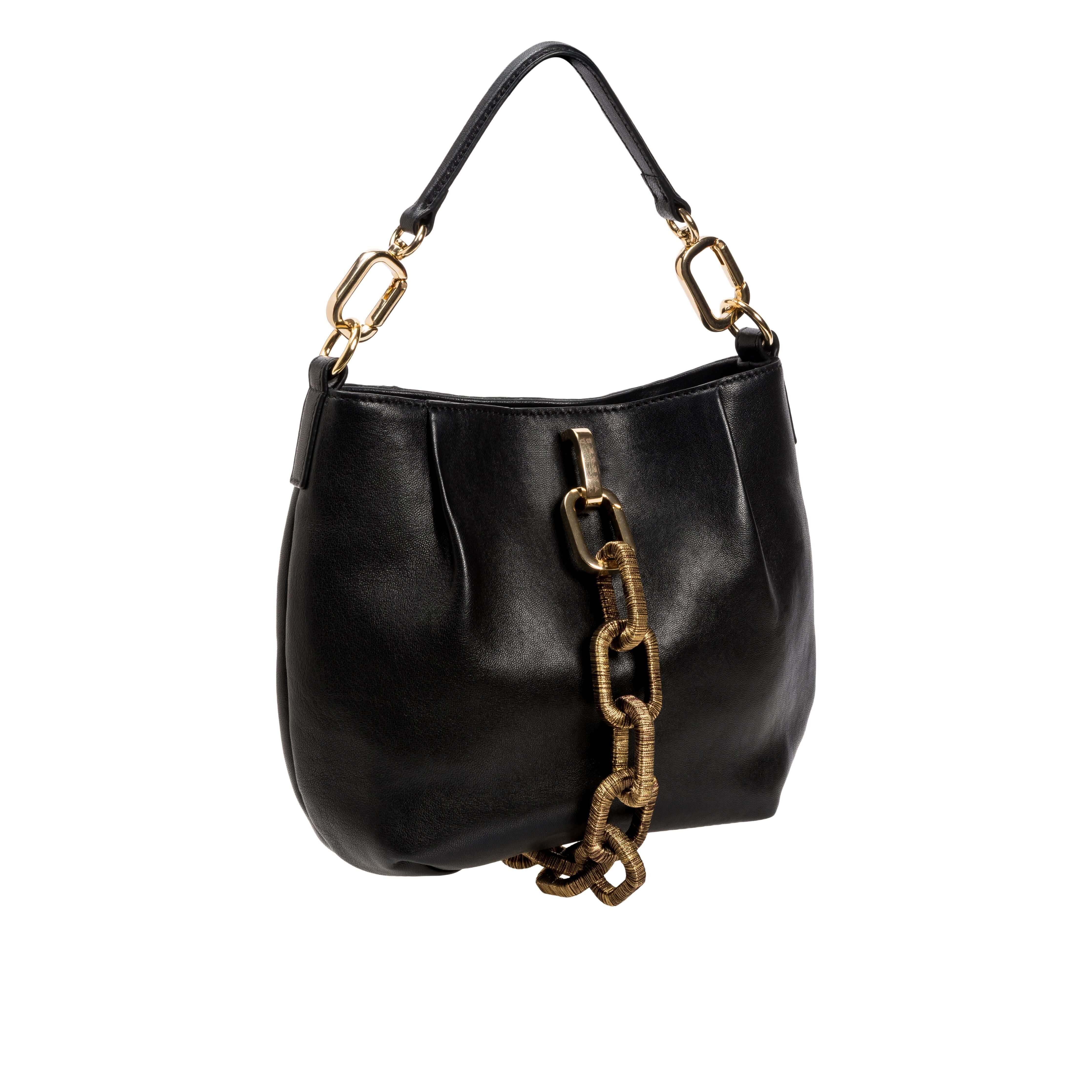 Catena Black Small Shoulder Pouch featuring a stylish chain strap and elegant design, perfect for any occasion.