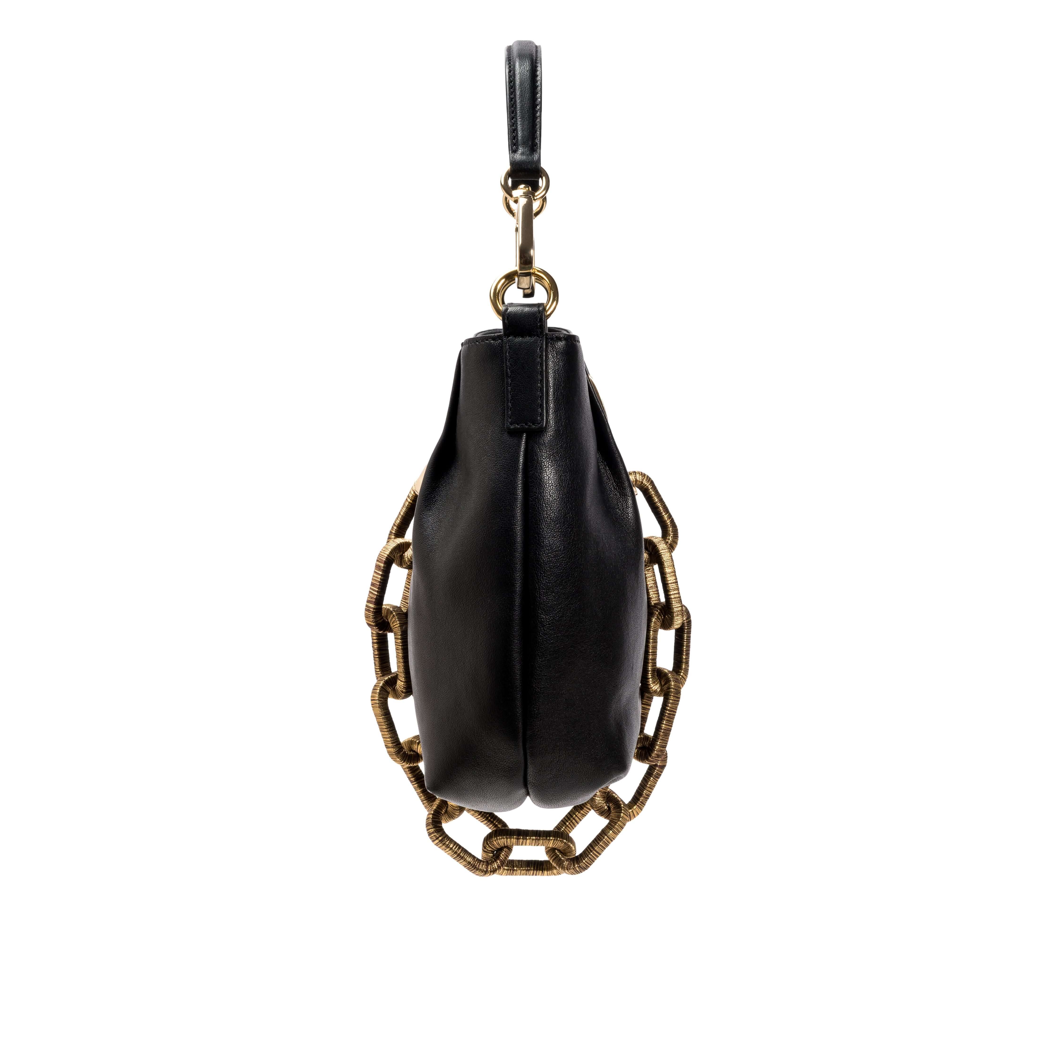 Elegant Catena Black Small Shoulder Pouch featuring a stylish chain strap, perfect for upscale outings and everyday chic.