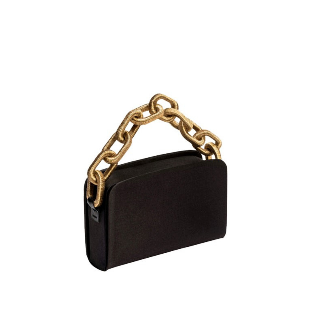 Catena Black Two-Sided Bag handcrafted in luxurious silk satin with metallic chain-link handle.