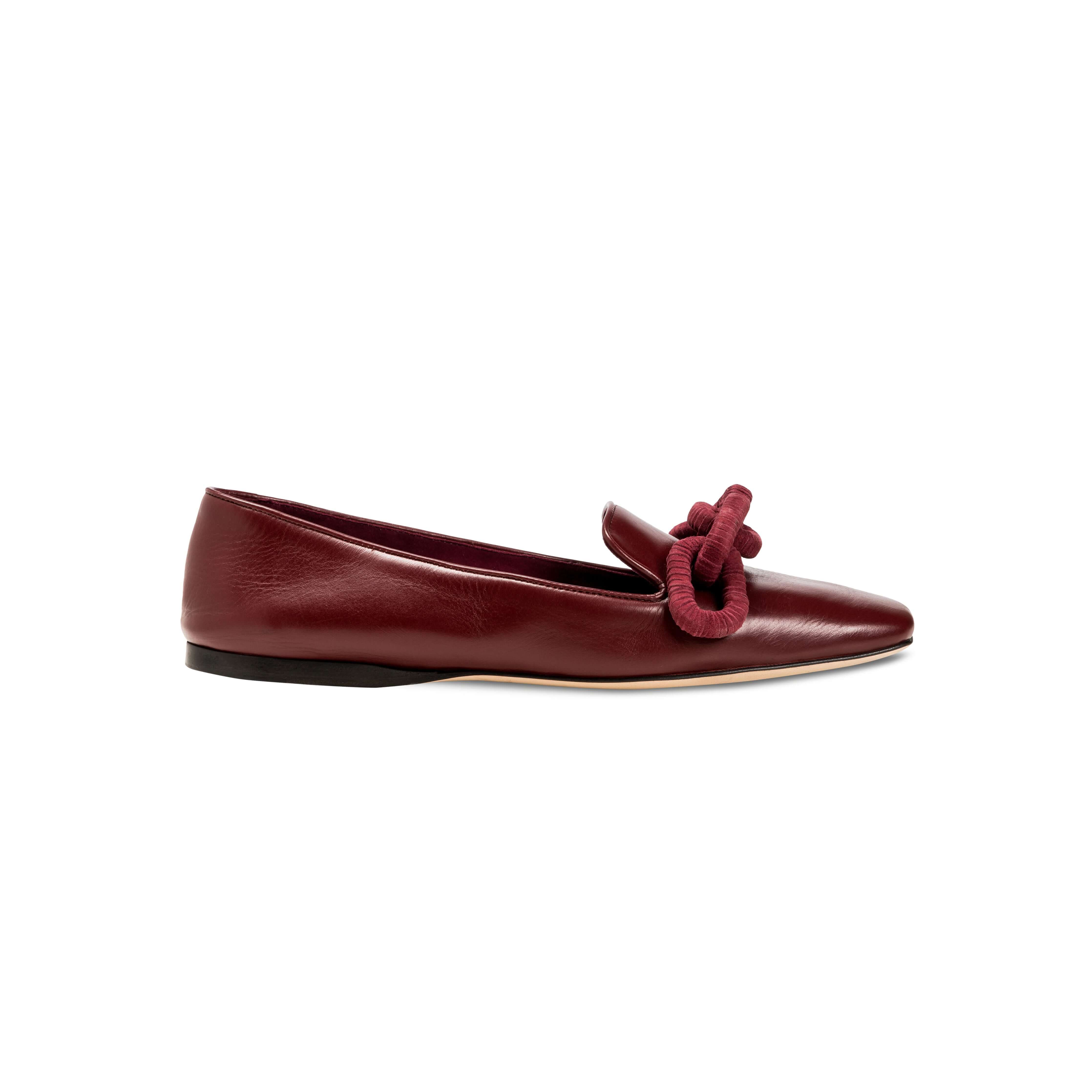 Catena Burgundy Flat Moccasin with suede chain detail, handcrafted in Italy for style and comfort.