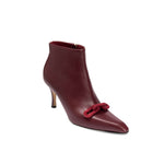 Catena Burgundy High-Heel Ankle Boot, made from smooth leather with pointed toe and signature chain link detail.