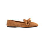 Catena Camello Flat Moccasin in soft suede, featuring chic suede chain link adornment for stylish comfort.