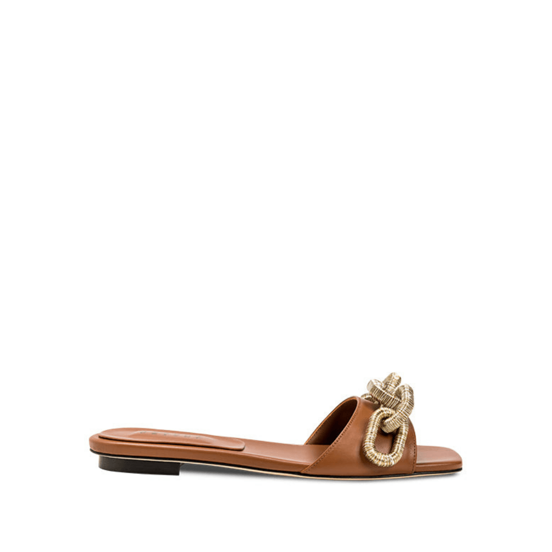 Catena Camello Flat Sandal in Italian leather with gold and silver chain embroidery, offering comfort and style for casual wear.