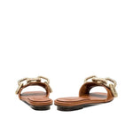 Catena Camello Flat Sandal in camel leather featuring antique gold and silver chain embroidery, offering comfort and style.