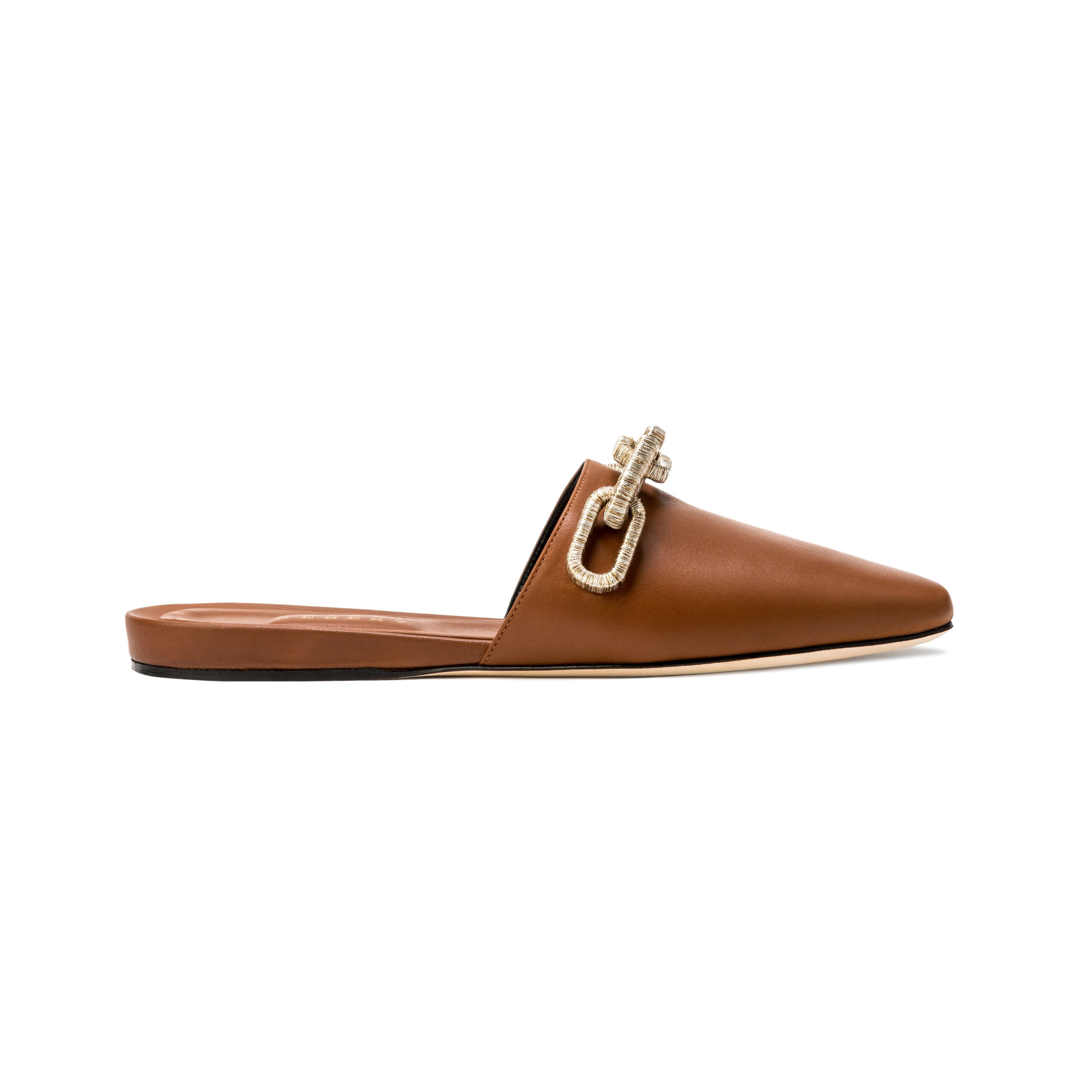 Catena Camello flat sliperette in luxurious brown leather with gold and silver chain embellishment.