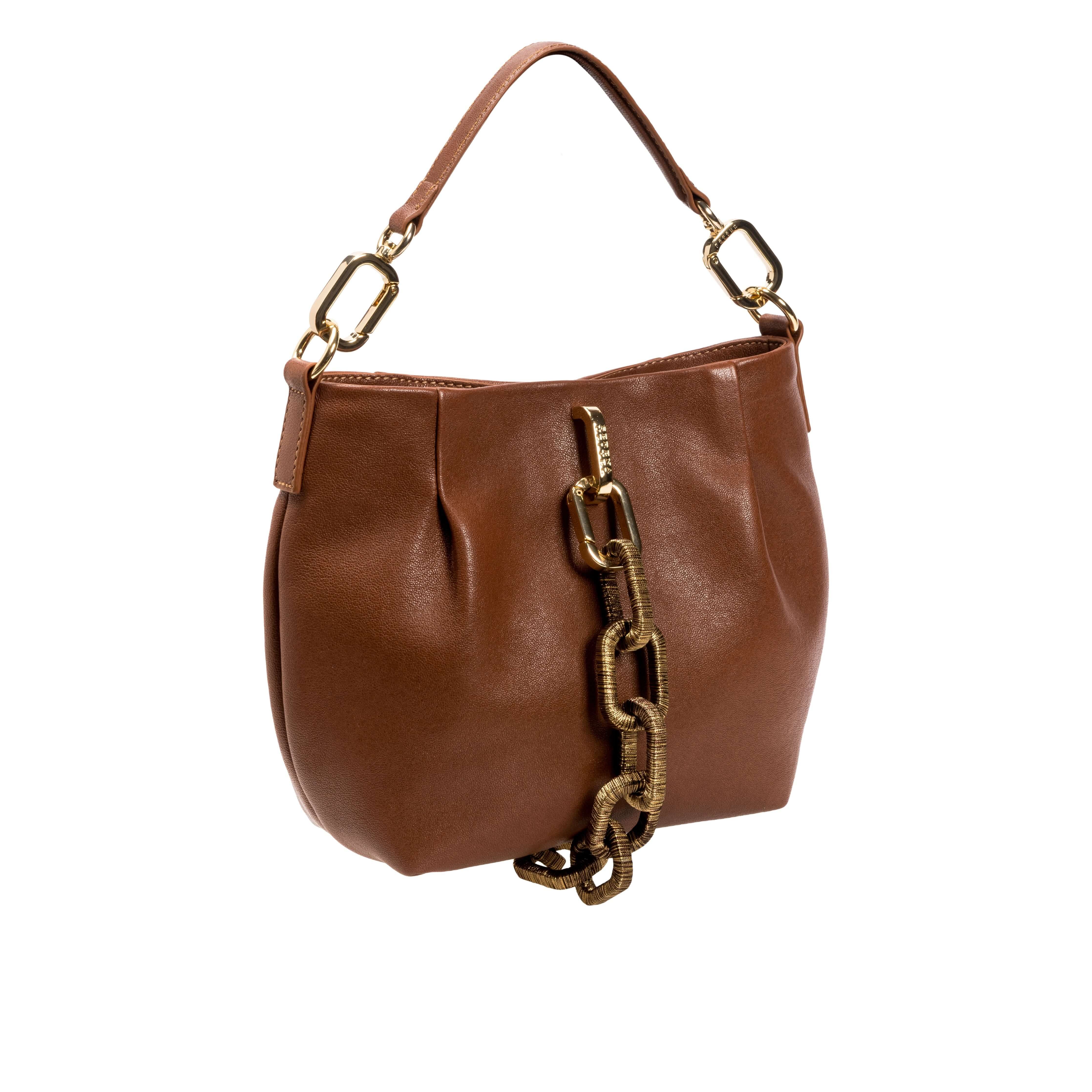 Catena Camello Small Shoulder Pouch in rich brown leather with a stylish chain detail and elegant strap.