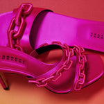 Catena Fuchsia Flat Sandal featuring fuchsia silk satin and contrasting chain-shaped embroidery, ideal for stylish comfort.