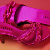 Catena Fuchsia Flat Sandal featuring fuchsia silk satin and contrasting chain-shaped embroidery, ideal for stylish comfort.
