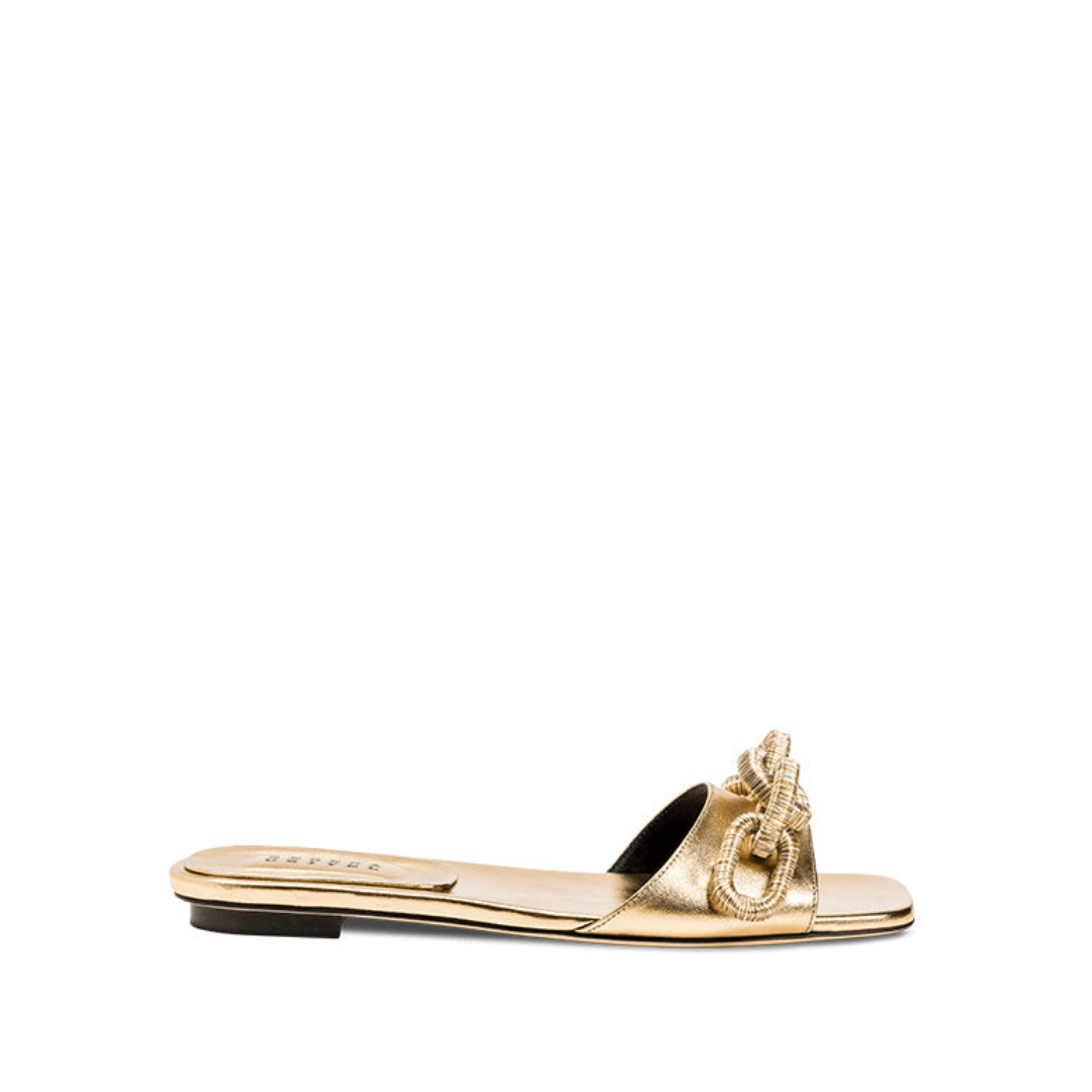 Catena Gold Flat Sandal in pure gold Italian leather with decorative chain embroidery.