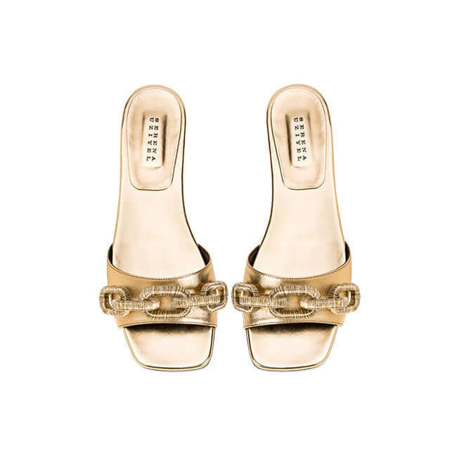 Catena Gold Flat Sandal in pure gold Italian leather with chain-embroidery design and comfortable flat structure.