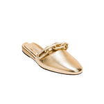 Catena Gold Flat Sliperette in metallic gold leather with gold and silver chain detail, offering elegant comfort.