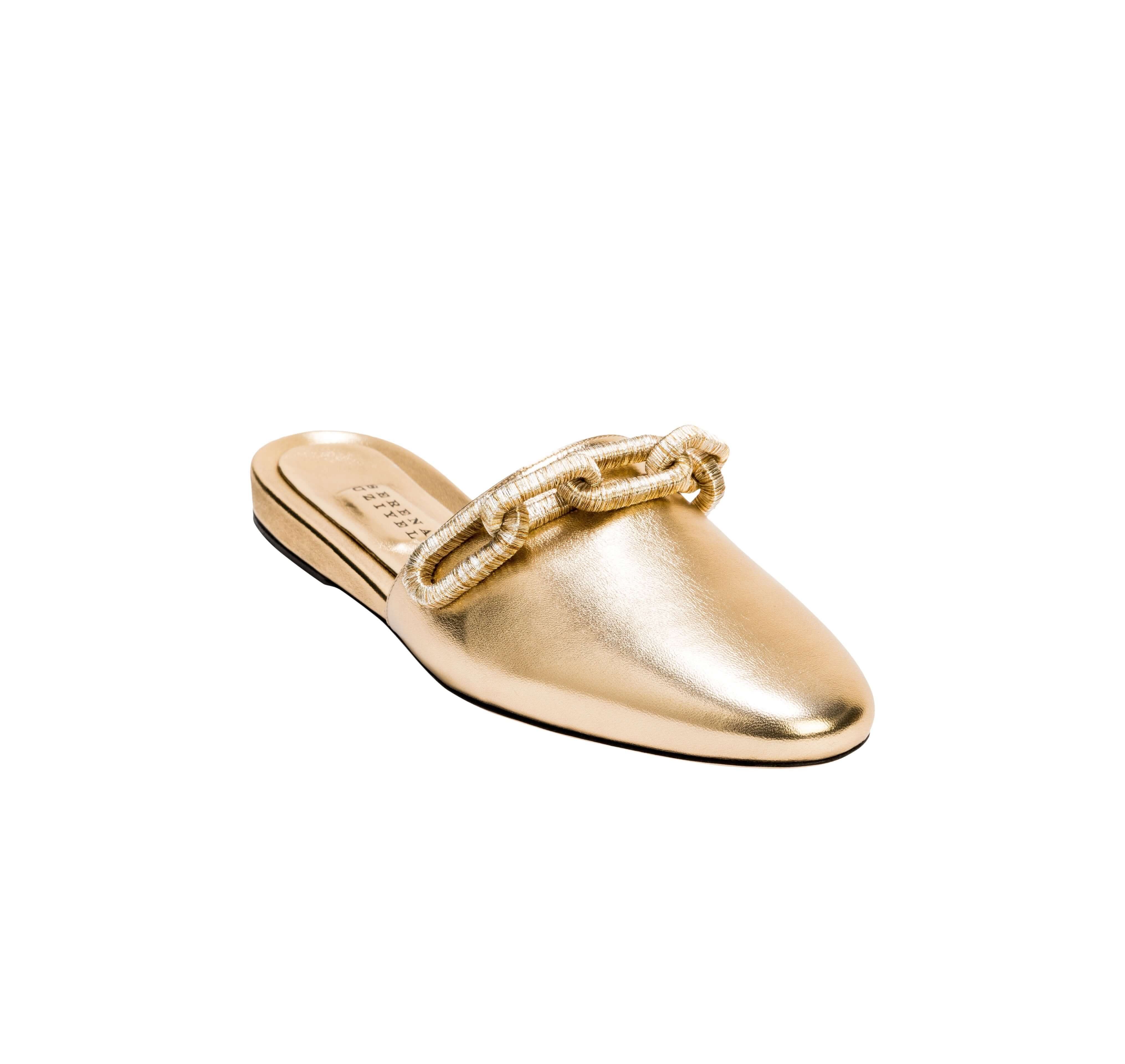 Catena Gold Flat Sliperette in metallic gold leather with gold and silver chain detail, offering elegant comfort.
