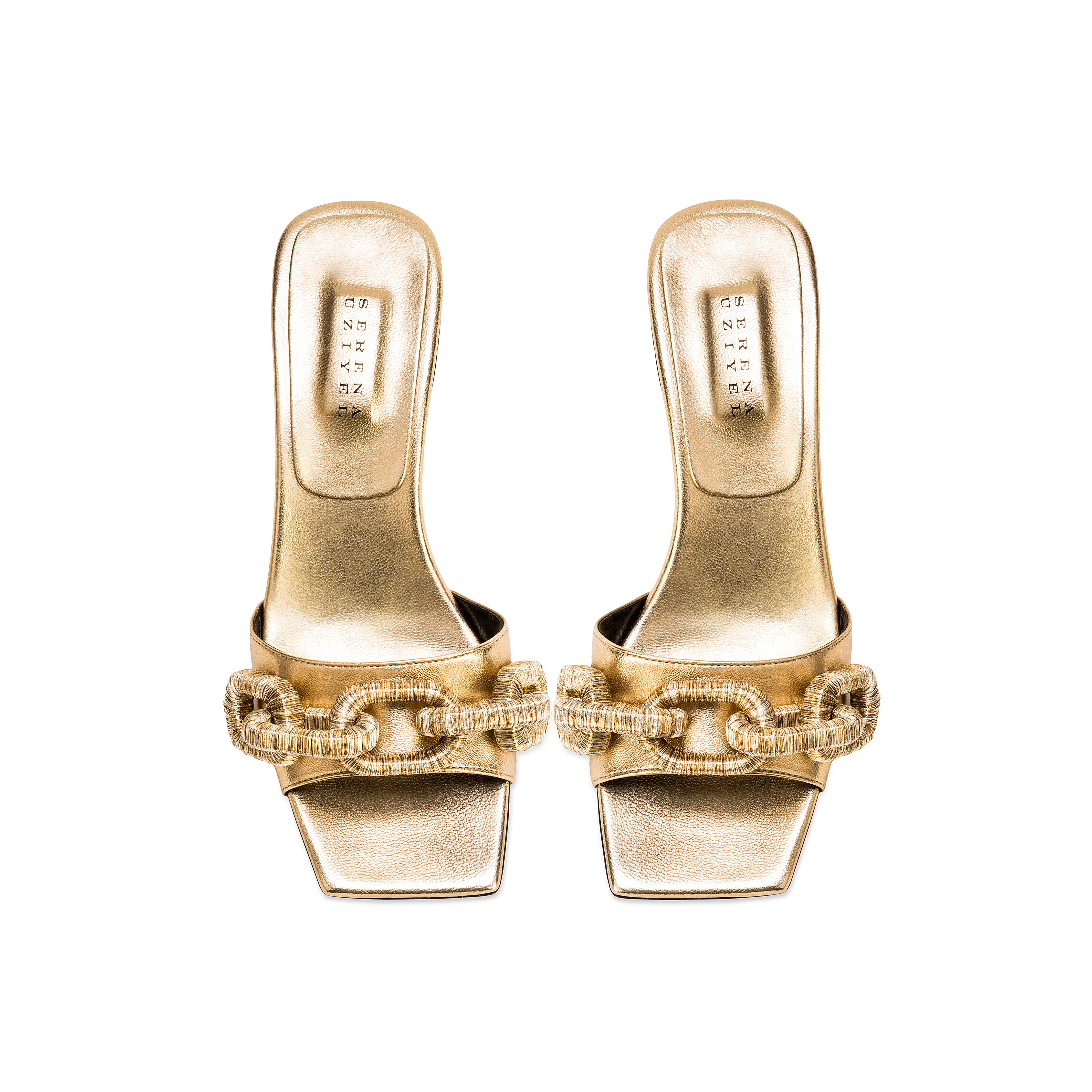 Elegant Catena Gold Mid-Heel Sandal with chain link design, crafted from fine metallic leather for a chic accessory.