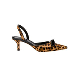 Catena Leopard Mid-Heel Slingback Pump featuring a pointed toe, calf-hair leopard print, and a sleek black ankle strap.