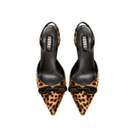 Stylish Catena Leopard Mid-Heel Slingback Pump with pointed toe and black leather strap, perfect for sophisticated outfits.